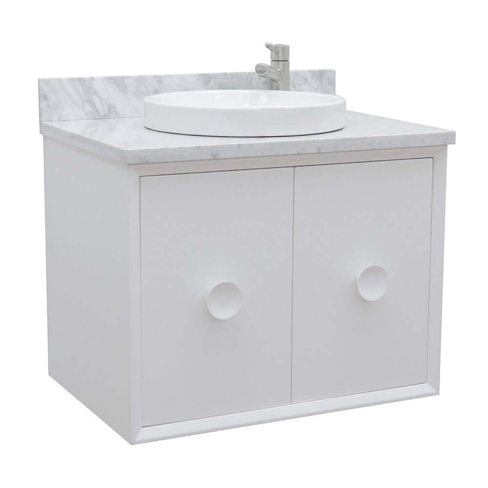 31" Single wall mount vanity in White finish with White Carrara top and round sink - 400400-CAB-WH-WMRD