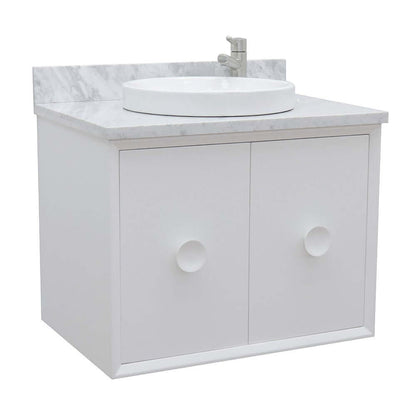 31" Single wall mount vanity in White finish with White Carrara top and round sink - 400400-CAB-WH-WMRD