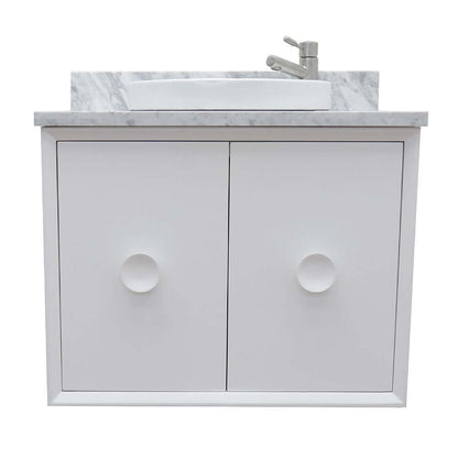 31" Single wall mount vanity in White finish with White Carrara top and round sink - 400400-CAB-WH-WMRD