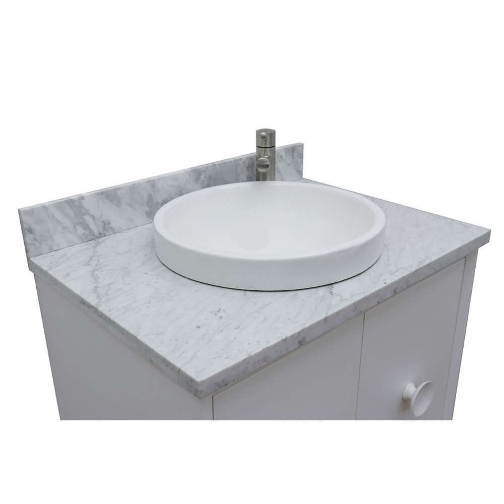 31" Single wall mount vanity in White finish with White Carrara top and round sink - 400400-CAB-WH-WMRD