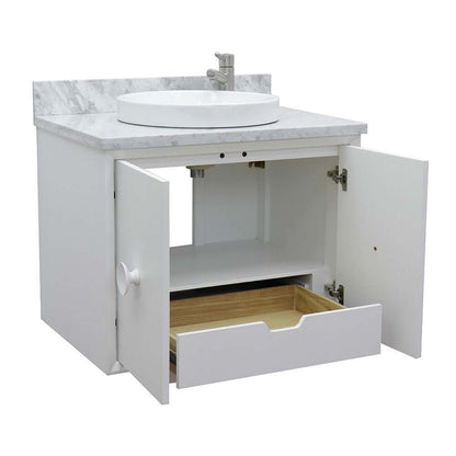 31" Single wall mount vanity in White finish with White Carrara top and round sink - 400400-CAB-WH-WMRD