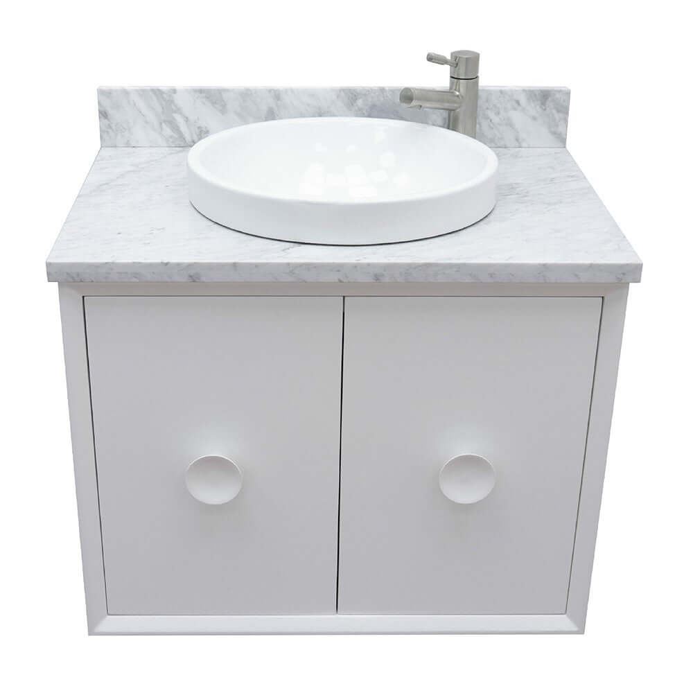 31" Single wall mount vanity in White finish with White Carrara top and round sink - 400400-CAB-WH-WMRD