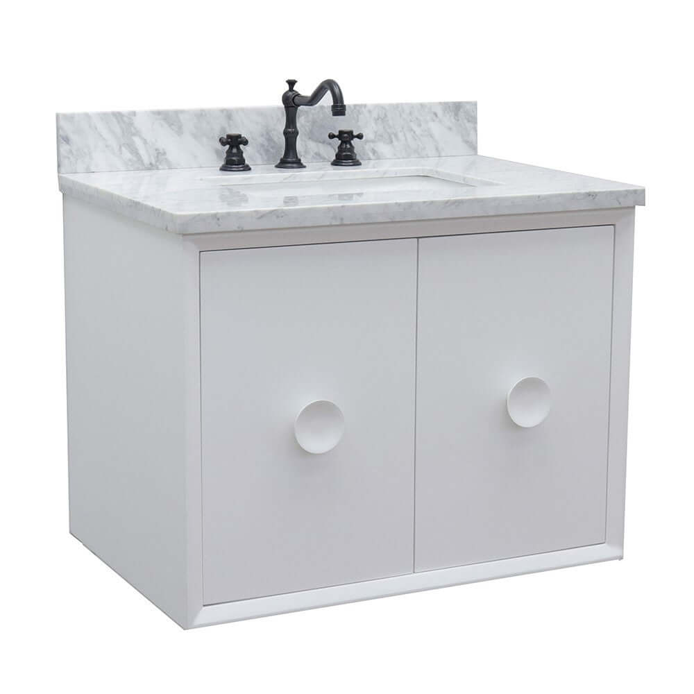 31" Single wall mount vanity in White finish with White Carrara top and rectangle sink - 400400-CAB-WH-WMR