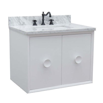 31" Single wall mount vanity in White finish with White Carrara top and rectangle sink - 400400-CAB-WH-WMR