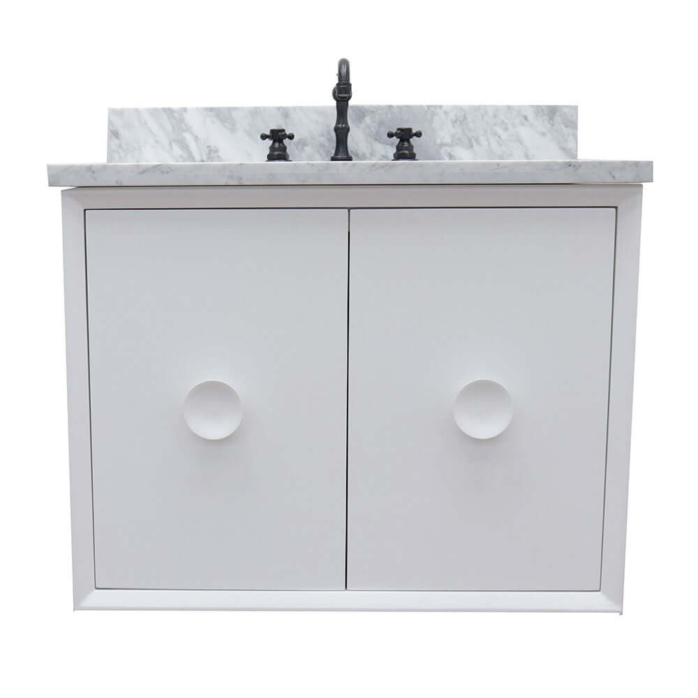 31" Single wall mount vanity in White finish with White Carrara top and rectangle sink - 400400-CAB-WH-WMR