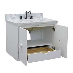31" Single wall mount vanity in White finish with White Carrara top and rectangle sink - 400400-CAB-WH-WMR