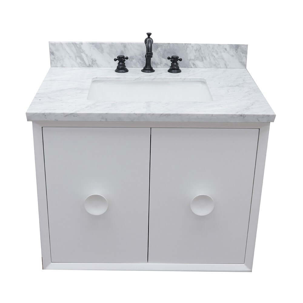 31" Single wall mount vanity in White finish with White Carrara top and rectangle sink - 400400-CAB-WH-WMR