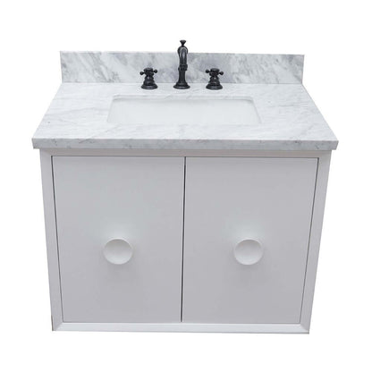 31" Single wall mount vanity in White finish with White Carrara top and rectangle sink - 400400-CAB-WH-WMR