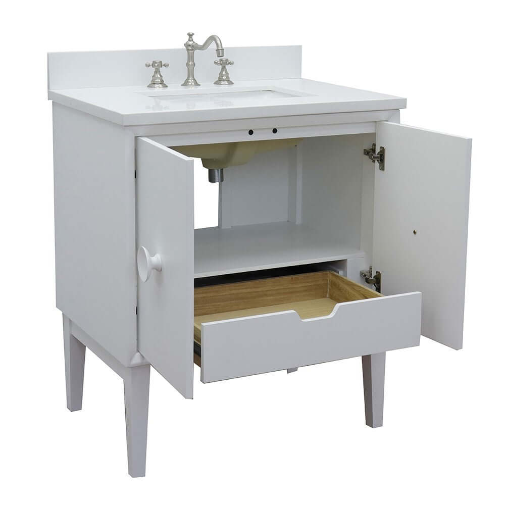 31" Single vanity in White finish with White Quartz top and rectangle sink - 400400-WH-WER