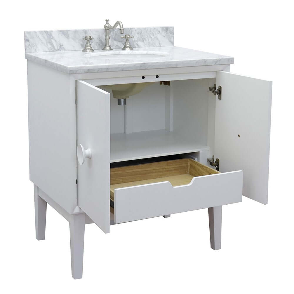 31" Single vanity in White finish with White Carrara top and oval sink - 400400-WH-WMO