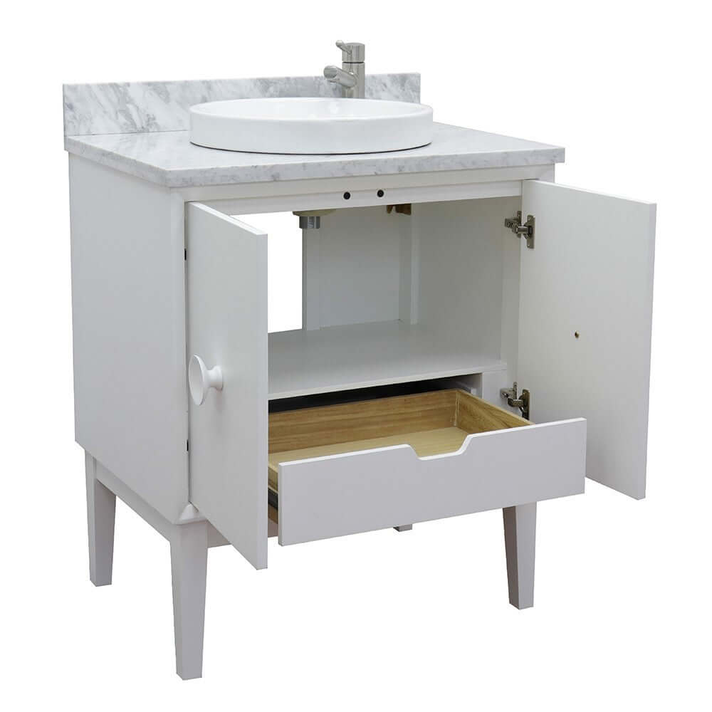 31" Single vanity in White finish with White Carrara top and round sink - 400400-WH-WMRD