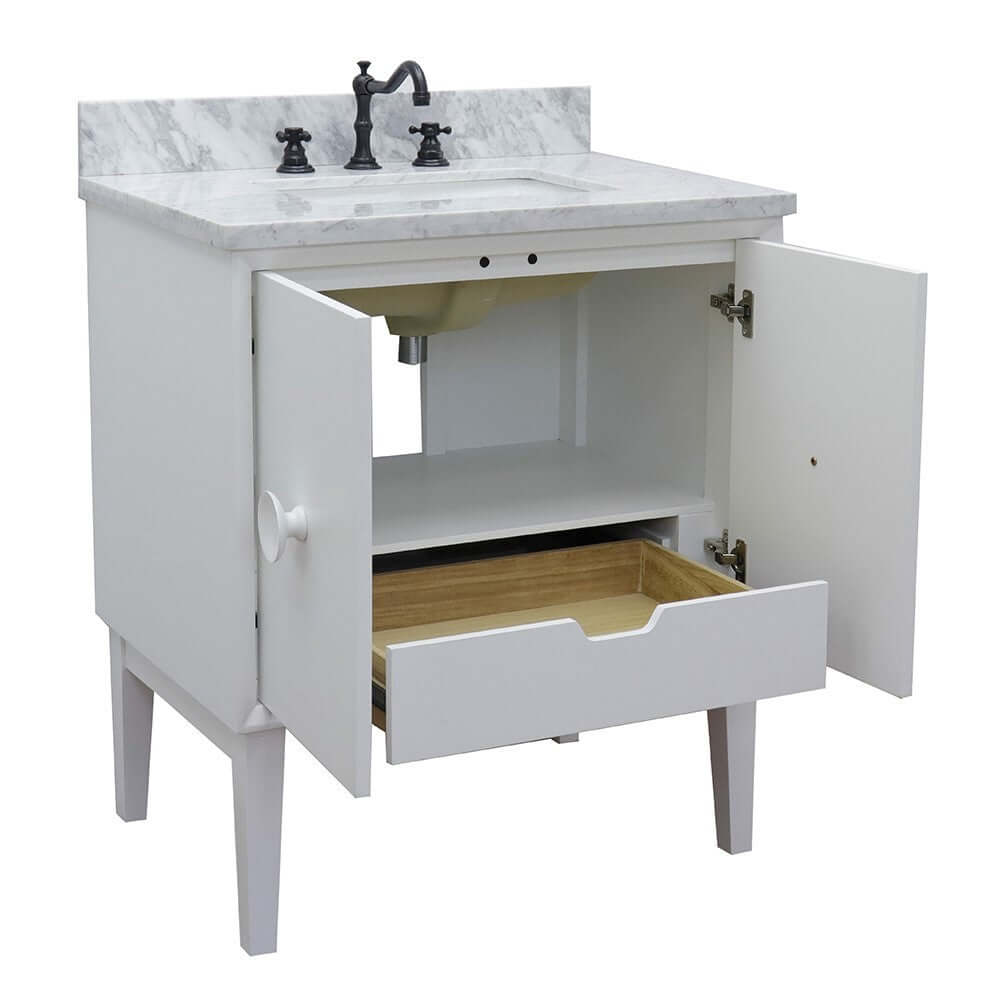 31" Single vanity in White finish with White Carrara top and rectangle sink - 400400-WH-WMR