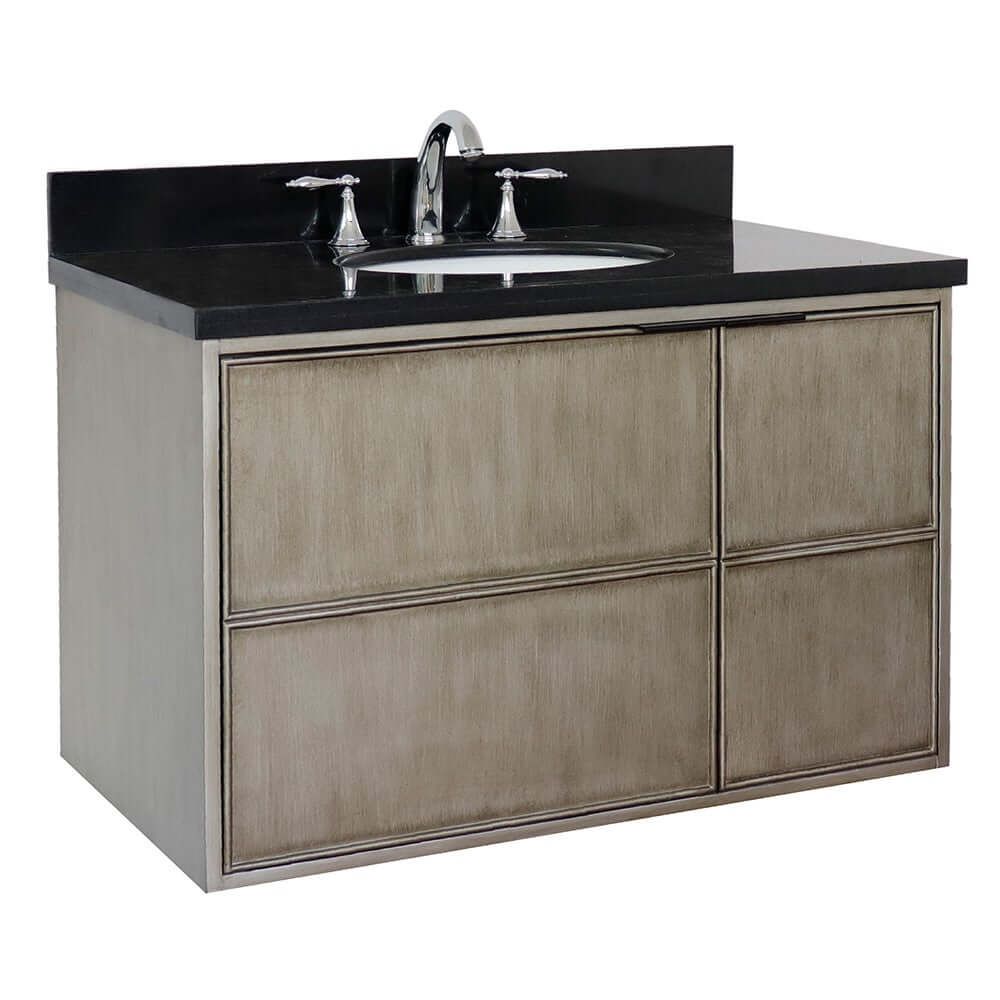 37" Single wall mount vanity in Linen Brown finish with Black Galaxy top and oval sink - 400500-CAB-LN-BGO