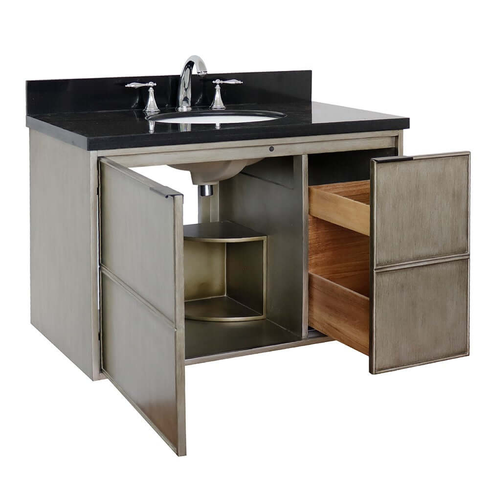 37" Single wall mount vanity in Linen Brown finish with Black Galaxy top and oval sink - 400500-CAB-LN-BGO