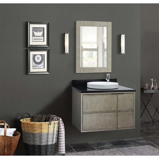 37" Single wall mount vanity in Linen Brown finish with Black Galaxy top and round sink - 400500-CAB-LN-BGRD