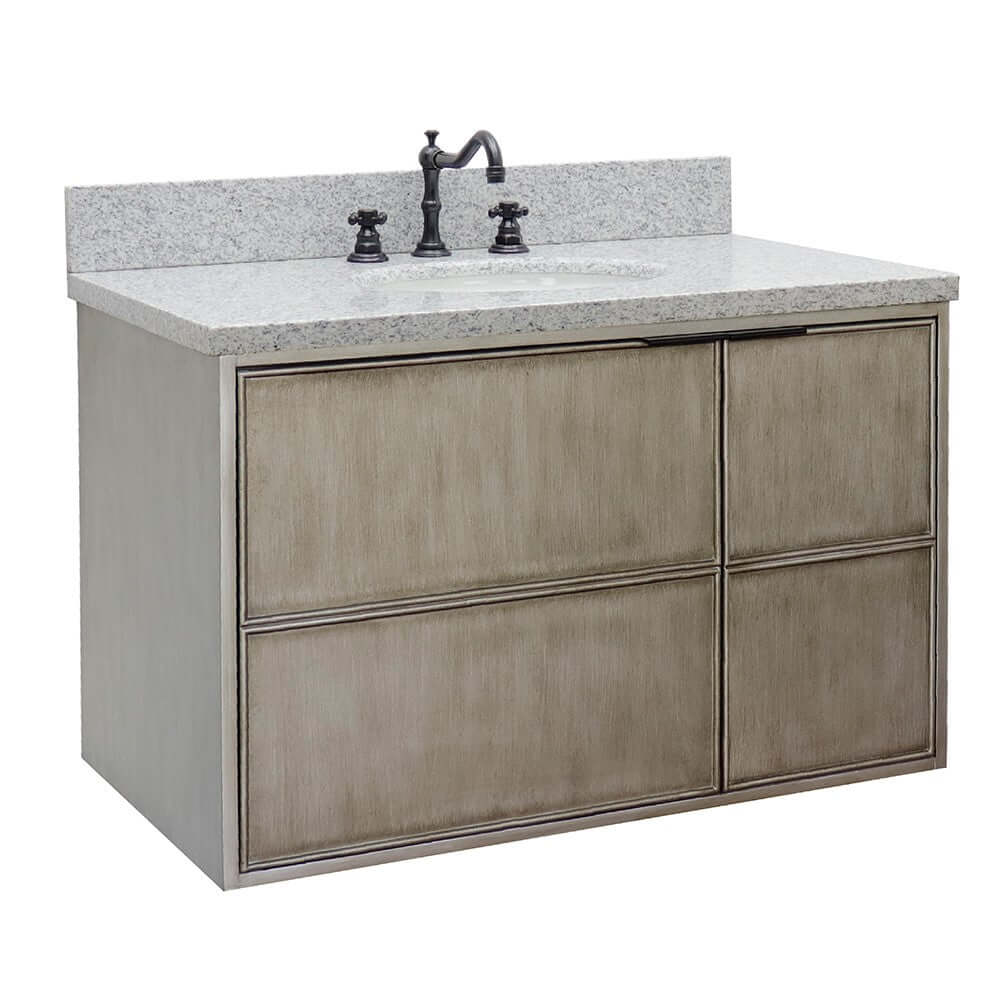 37" Single wall mount vanity in Linen Brown finish with Gray granite top and oval sink - 400500-CAB-LN-GYO