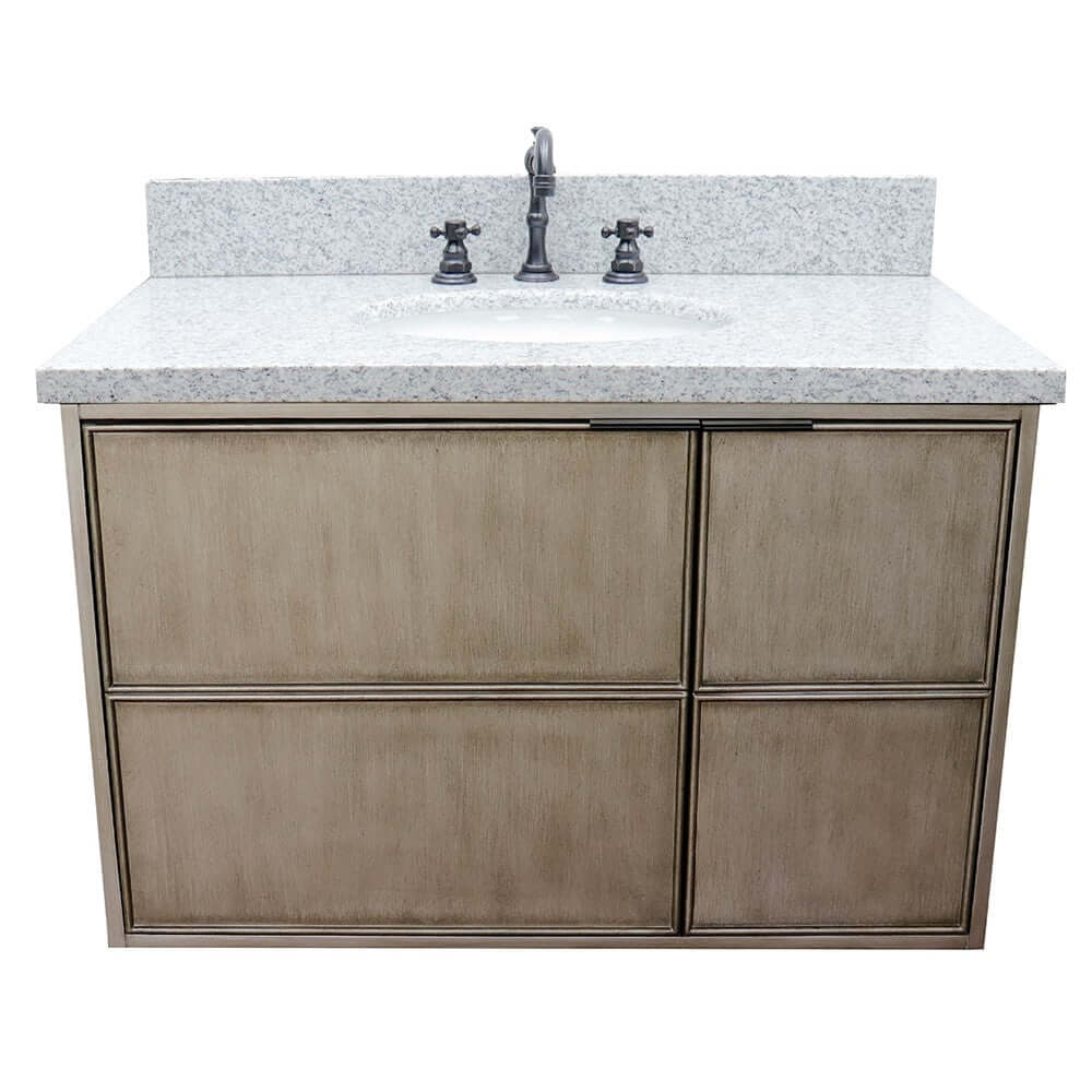 37" Single wall mount vanity in Linen Brown finish with Gray granite top and oval sink - 400500-CAB-LN-GYO