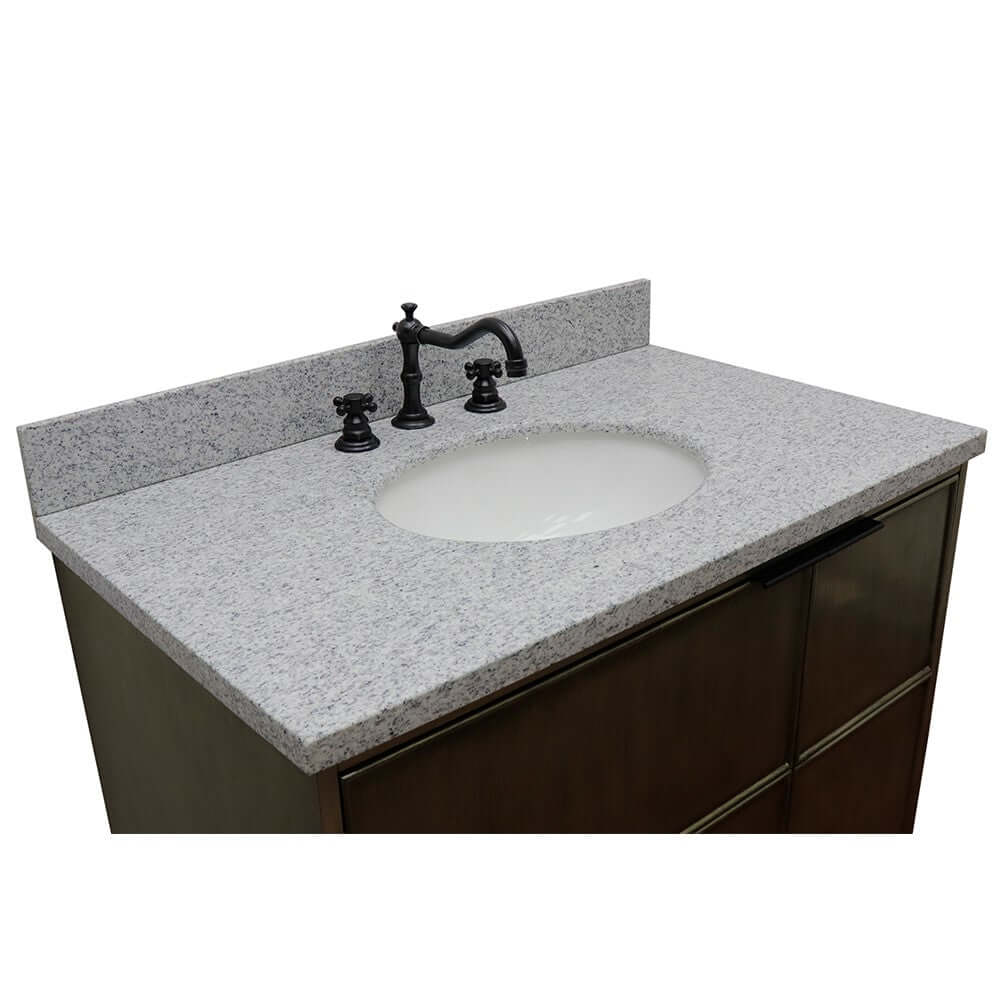 37" Single wall mount vanity in Linen Brown finish with Gray granite top and oval sink - 400500-CAB-LN-GYO