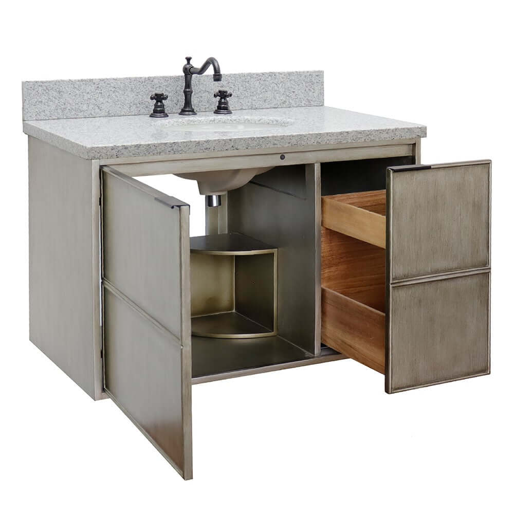 37" Single wall mount vanity in Linen Brown finish with Gray granite top and oval sink - 400500-CAB-LN-GYO