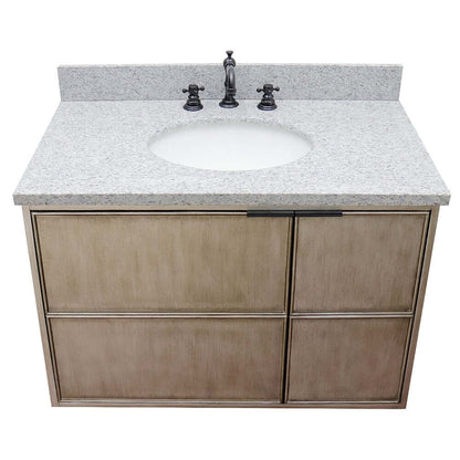 37" Single wall mount vanity in Linen Brown finish with Gray granite top and oval sink - 400500-CAB-LN-GYO