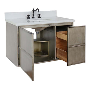 37" Single wall mount vanity in Linen Brown finish with White Quartz top and oval sink - 400500-CAB-LN-WEO