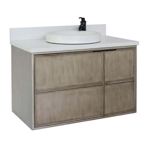 37" Single wall mount vanity in Linen Brown finish with White Quartz top and round sink - 400500-CAB-LN-WERD