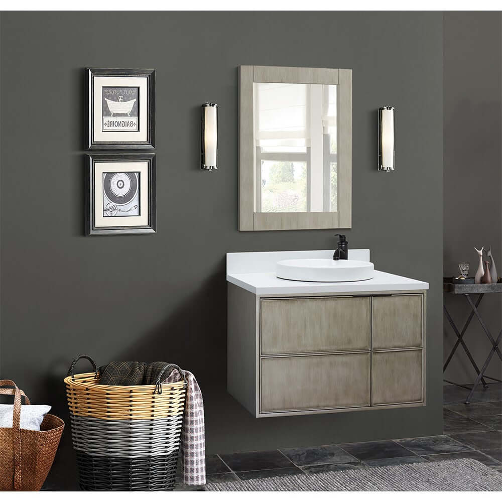 37" Single wall mount vanity in Linen Brown finish with White Quartz top and round sink - 400500-CAB-LN-WERD