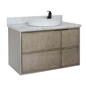 37" Single wall mount vanity in Linen Brown finish with White Carrara top and round sink - 400500-CAB-LN-WMRD