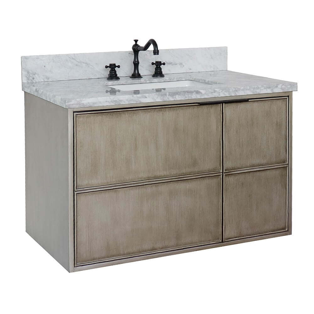 37" Single wall mount vanity in Linen Brown finish with White Carrara top and rectangle sink - 400500-CAB-LN-WMR