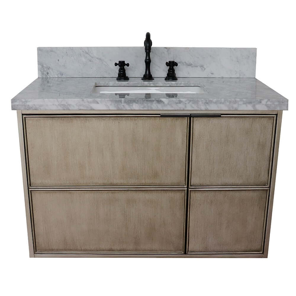 37" Single wall mount vanity in Linen Brown finish with White Carrara top and rectangle sink - 400500-CAB-LN-WMR