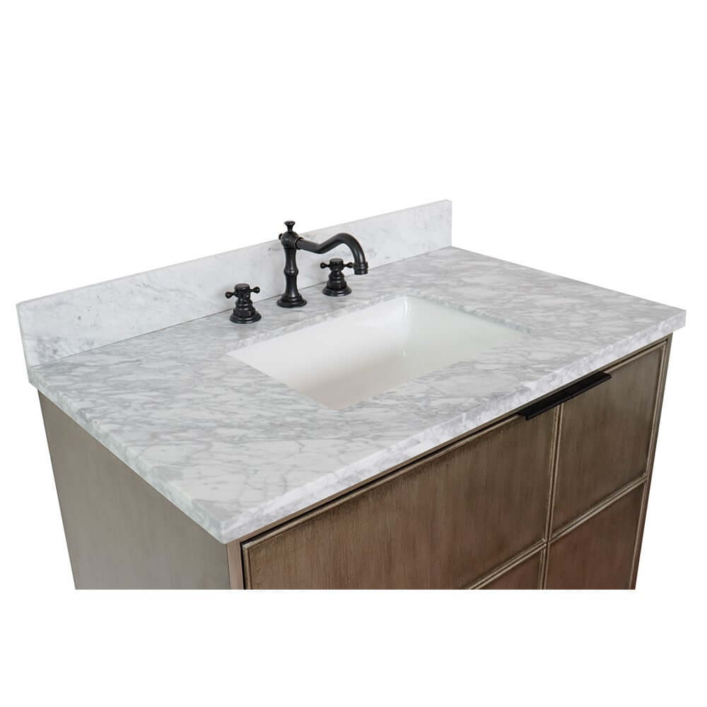 37" Single wall mount vanity in Linen Brown finish with White Carrara top and rectangle sink - 400500-CAB-LN-WMR