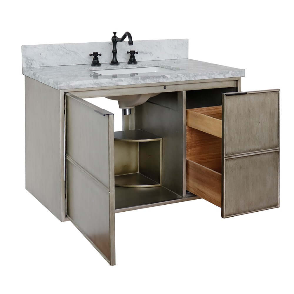 37" Single wall mount vanity in Linen Brown finish with White Carrara top and rectangle sink - 400500-CAB-LN-WMR