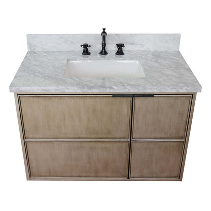 37" Single wall mount vanity in Linen Brown finish with White Carrara top and rectangle sink - 400500-CAB-LN-WMR