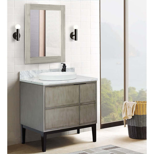 37" Single vanity in Linen Brown finish with White Carrara top and round sink - 400500-LN-WMRD