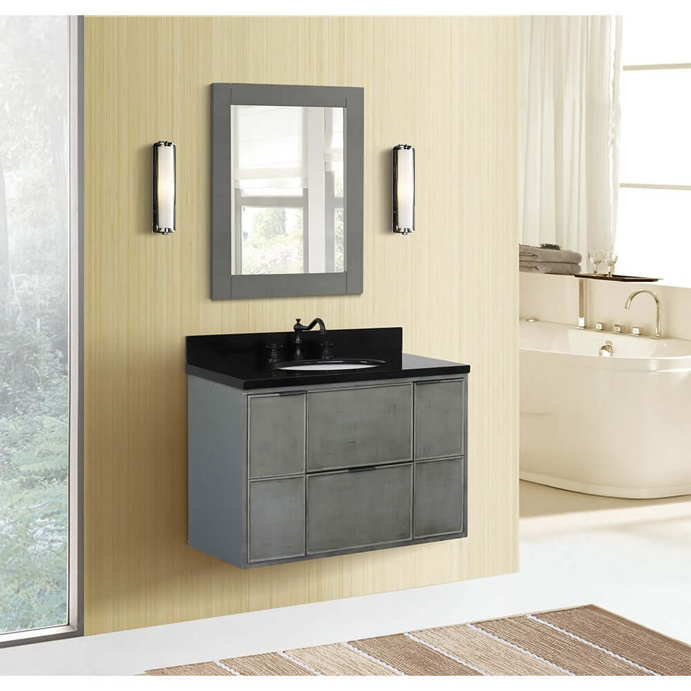 37" Single wall mount vanity in Linen Gray finish with Black Galaxy top and oval sink - 400501-CAB-LY-BGO