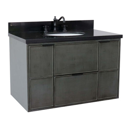 37" Single wall mount vanity in Linen Gray finish with Black Galaxy top and oval sink - 400501-CAB-LY-BGO