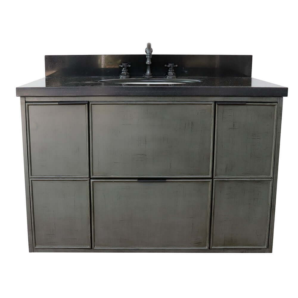 37" Single wall mount vanity in Linen Gray finish with Black Galaxy top and oval sink - 400501-CAB-LY-BGO