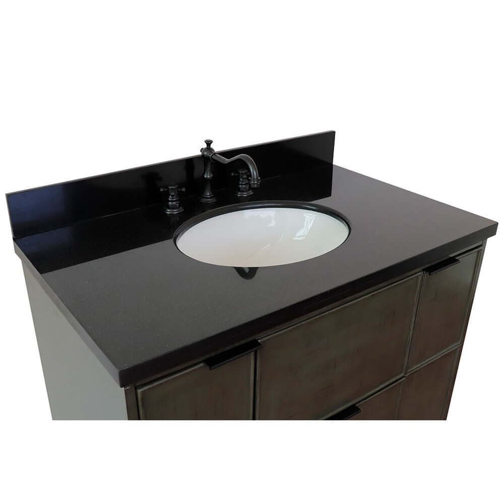 37" Single wall mount vanity in Linen Gray finish with Black Galaxy top and oval sink - 400501-CAB-LY-BGO