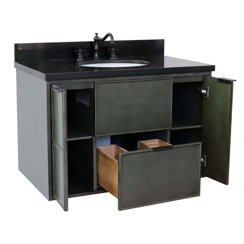 37" Single wall mount vanity in Linen Gray finish with Black Galaxy top and oval sink - 400501-CAB-LY-BGO