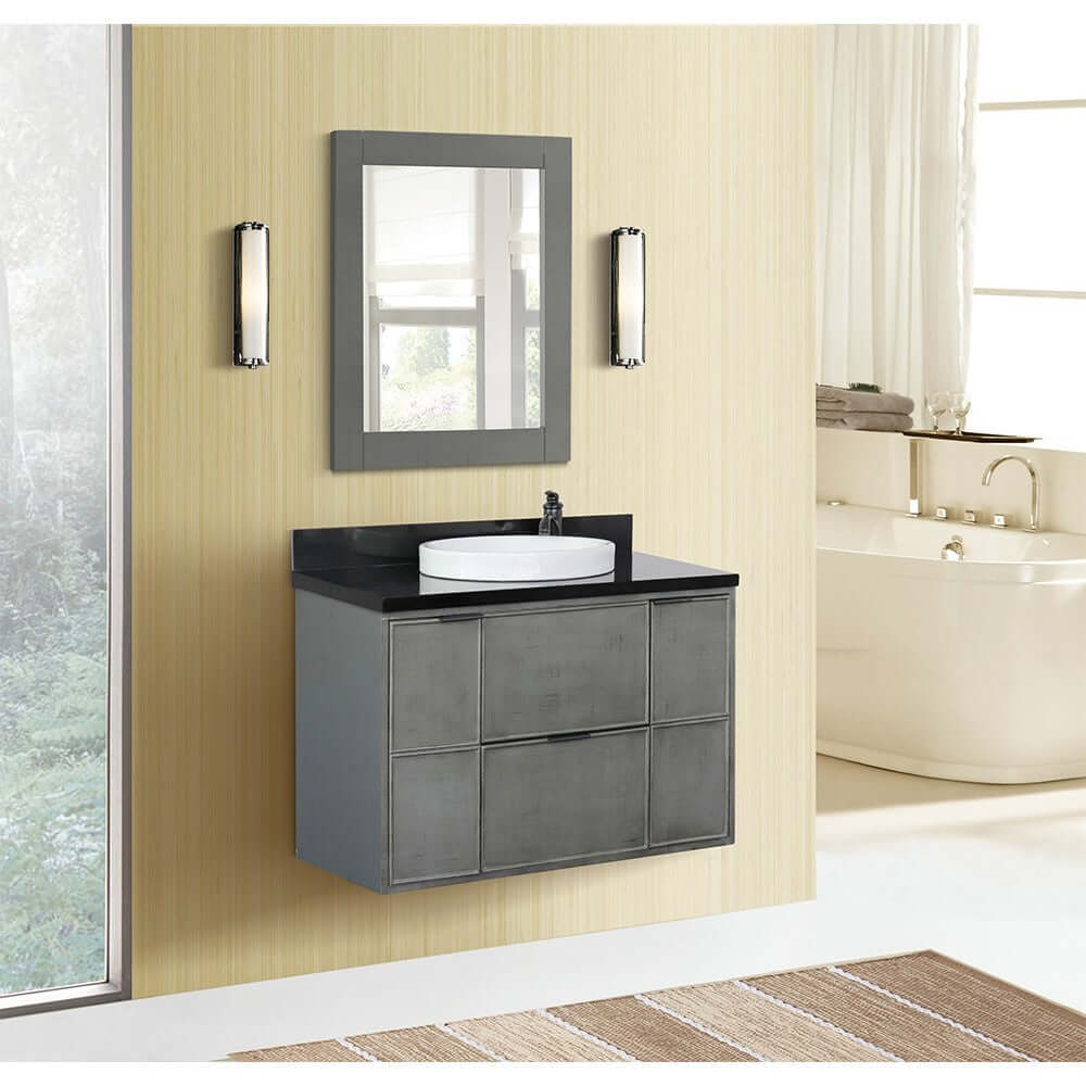 37" Single wall mount vanity in Linen Gray finish with Black Galaxy top and round sink - 400501-CAB-LY-BGRD