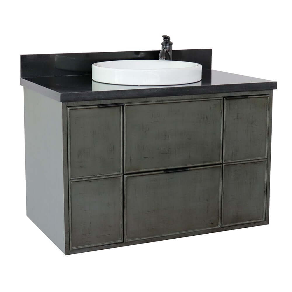 37" Single wall mount vanity in Linen Gray finish with Black Galaxy top and round sink - 400501-CAB-LY-BGRD