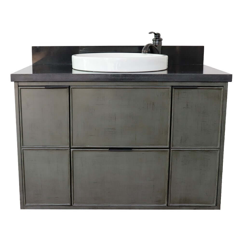 37" Single wall mount vanity in Linen Gray finish with Black Galaxy top and round sink - 400501-CAB-LY-BGRD