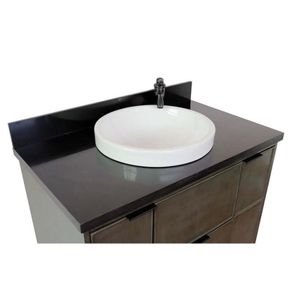 37" Single wall mount vanity in Linen Gray finish with Black Galaxy top and round sink - 400501-CAB-LY-BGRD