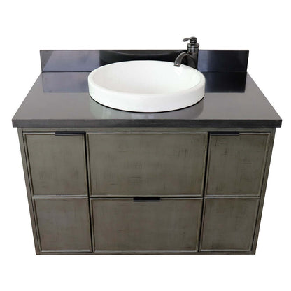 37" Single wall mount vanity in Linen Gray finish with Black Galaxy top and round sink - 400501-CAB-LY-BGRD