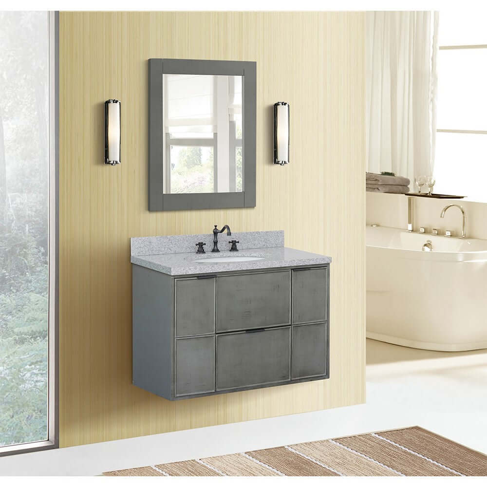 37" Single wall mount vanity in Linen Gray finish with Gray granite top and oval sink - 400501-CAB-LY-GYO