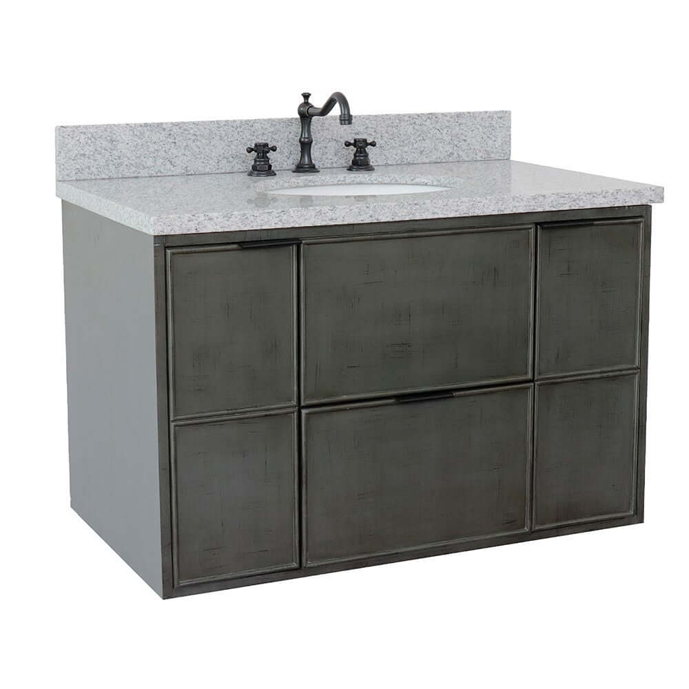 37" Single wall mount vanity in Linen Gray finish with Gray granite top and oval sink - 400501-CAB-LY-GYO