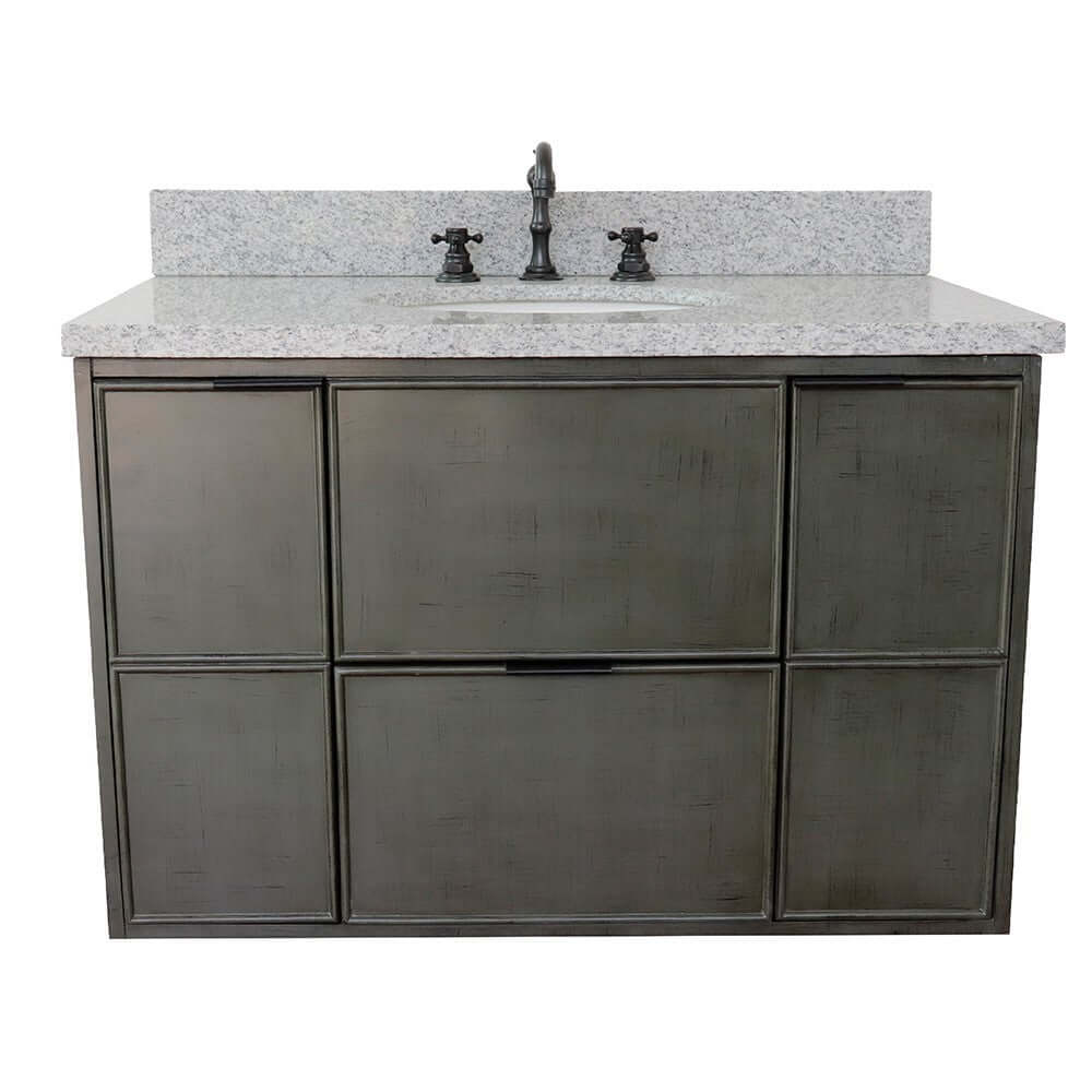 37" Single wall mount vanity in Linen Gray finish with Gray granite top and oval sink - 400501-CAB-LY-GYO