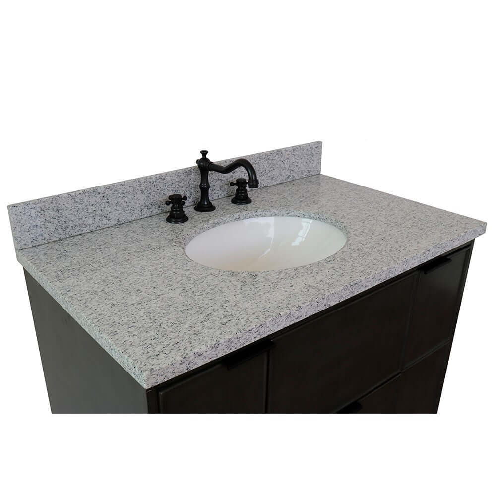 37" Single wall mount vanity in Linen Gray finish with Gray granite top and oval sink - 400501-CAB-LY-GYO