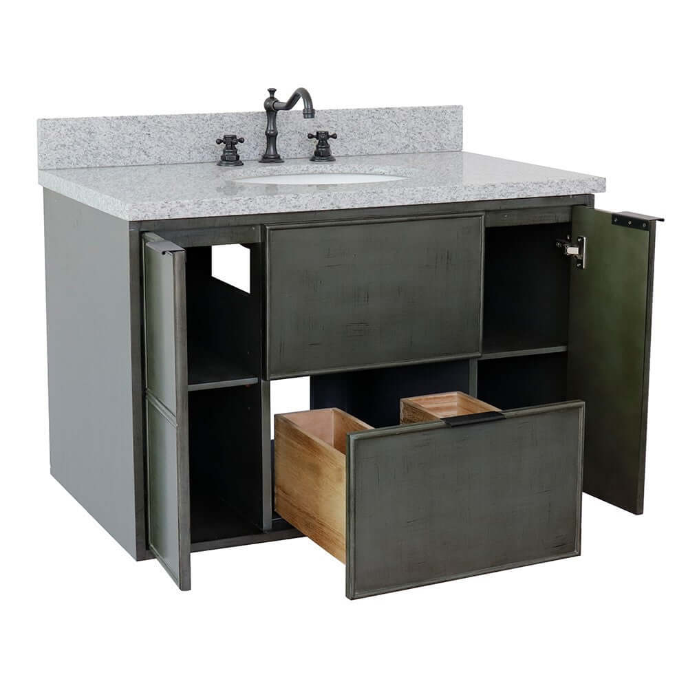 37" Single wall mount vanity in Linen Gray finish with Gray granite top and oval sink - 400501-CAB-LY-GYO