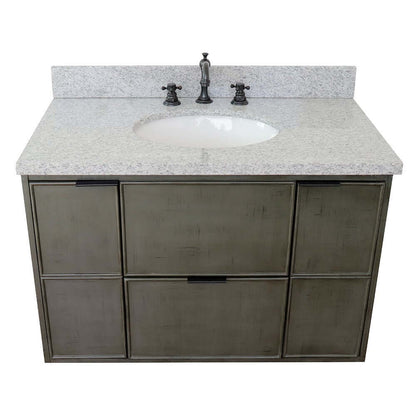 37" Single wall mount vanity in Linen Gray finish with Gray granite top and oval sink - 400501-CAB-LY-GYO